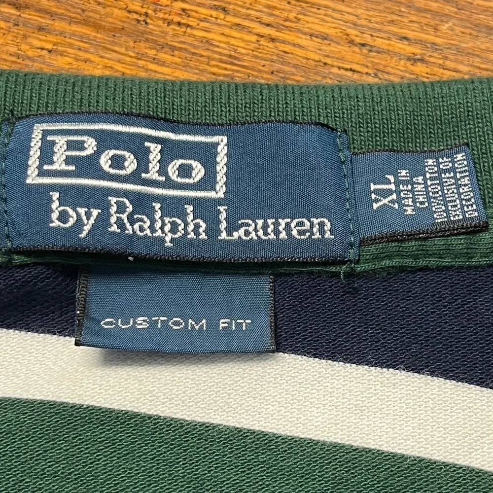 Polo Ralph Lauren XL Custom Fit Green Stripe Polo Shirt Yellow Pony Pique Cotton